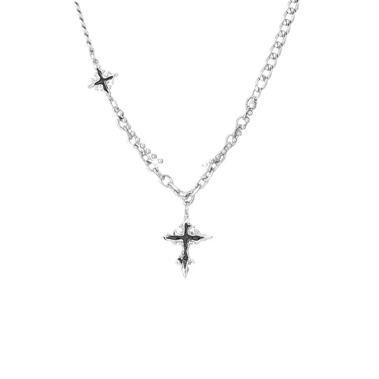 Edgy Silver-Tone Cuban Link Cross Pendant Necklace
