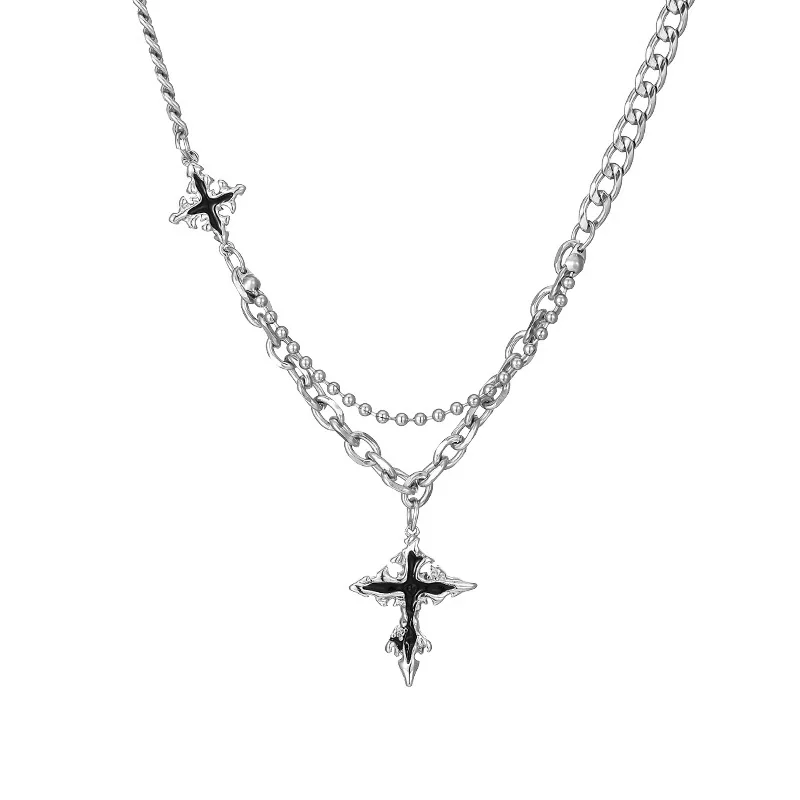 Edgy Silver-Tone Cuban Link Cross Pendant Necklace - Silver