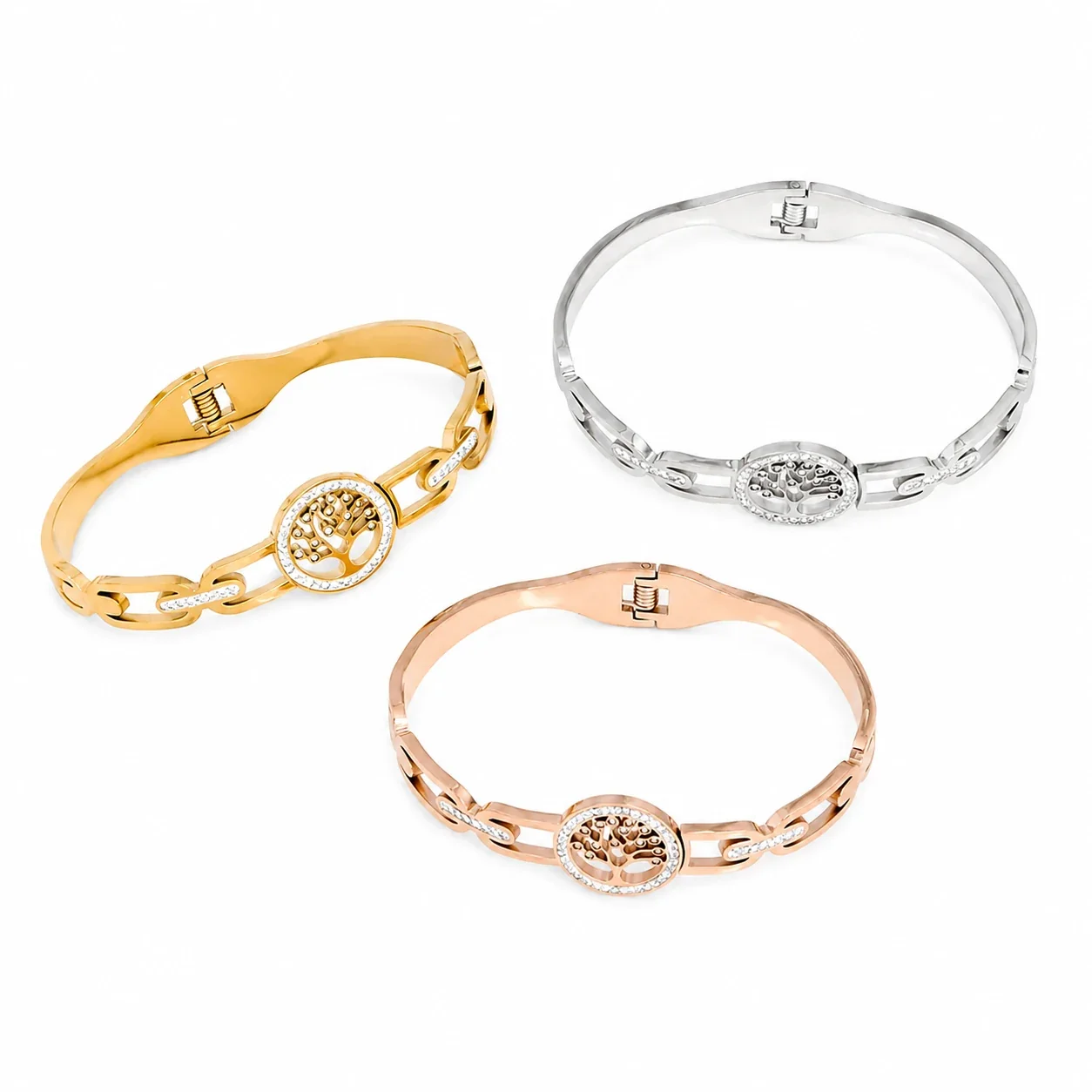 Sculpted Stainless Steel Tree Link Bangle Bracelet