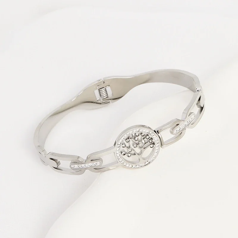 Sculpted Stainless Steel Tree Link Bangle Bracelet