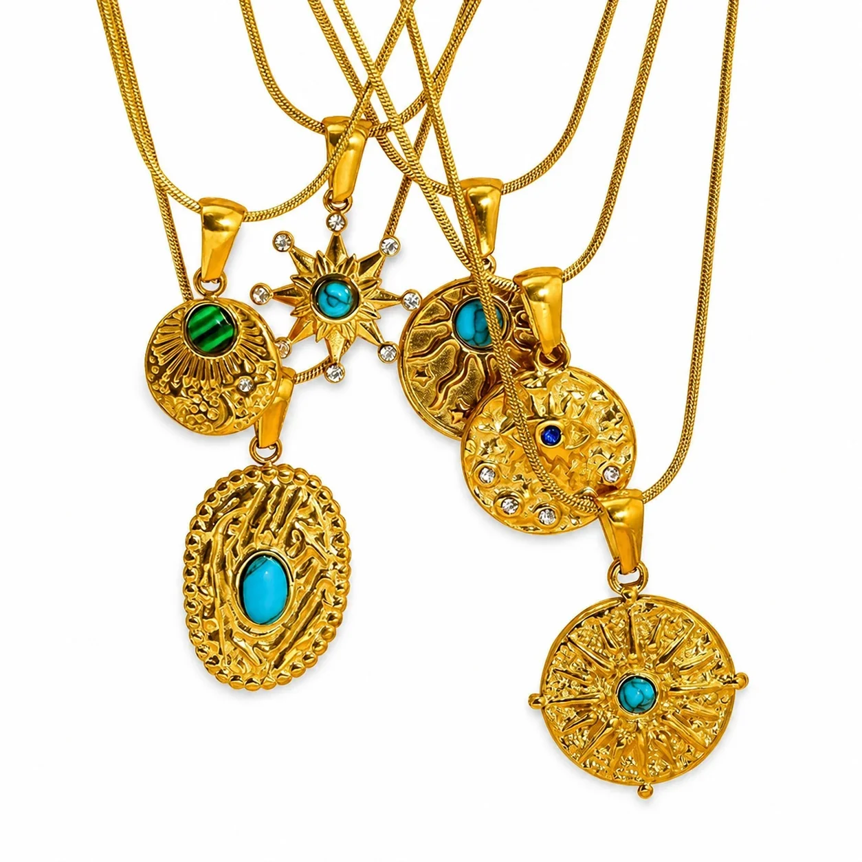 Bohemian Edelstahl Halskette mit türkisfarbenem Anhänger und goldfarbenem Finish