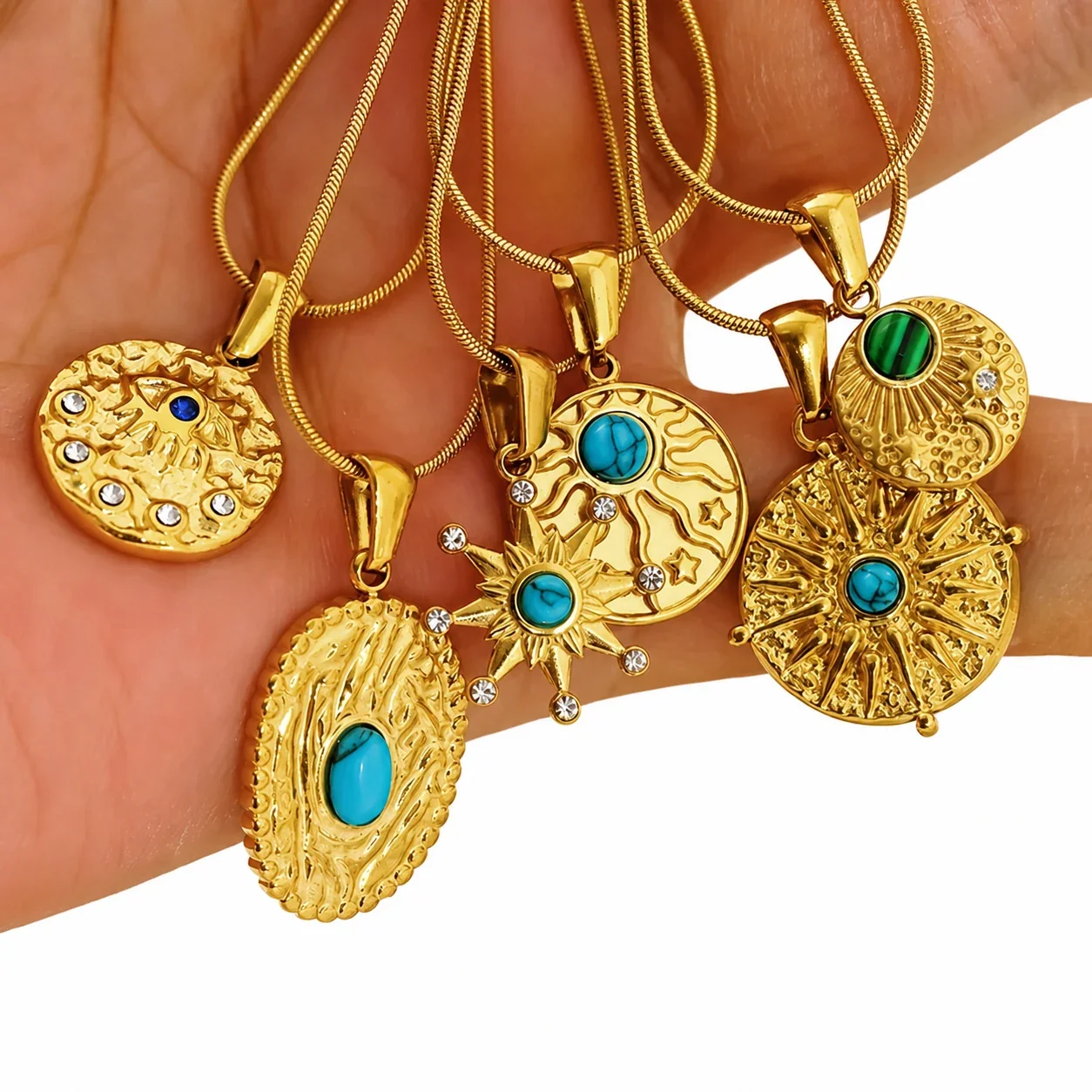 Bohemian Gold-Plated Snake Chain Turquoise Pendant Necklace
