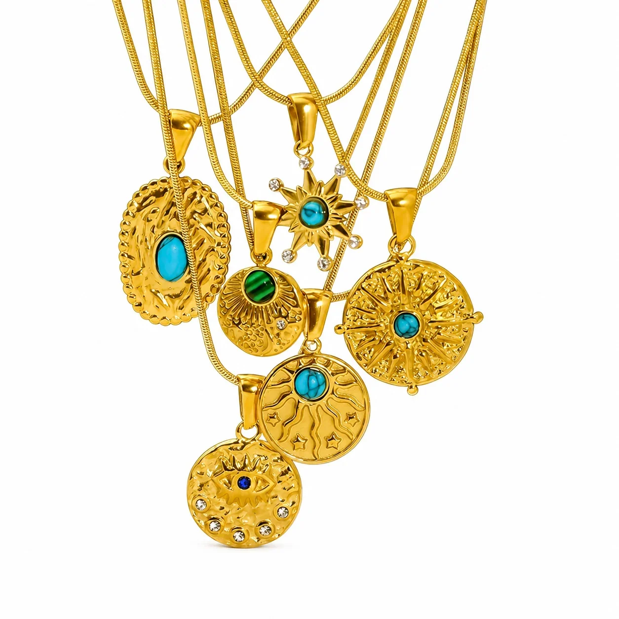 Bohemian Gold-Plated Snake Chain Turquoise Pendant Necklace