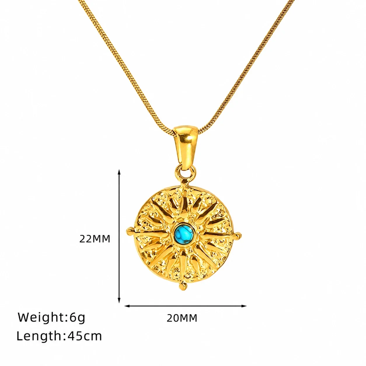 Bohemian Gold-Plated Snake Chain Turquoise Pendant Necklace - Gold Sunburst