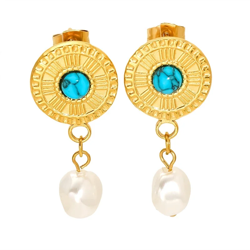 Bohemian 18K Gold-Plated Turquoise Pearl Drop Earrings