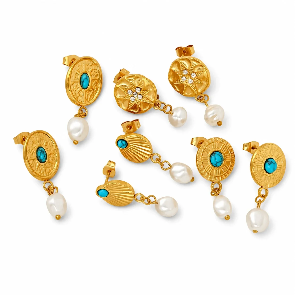 Bohemian 18K Gold-Plated Turquoise Pearl Drop Earrings