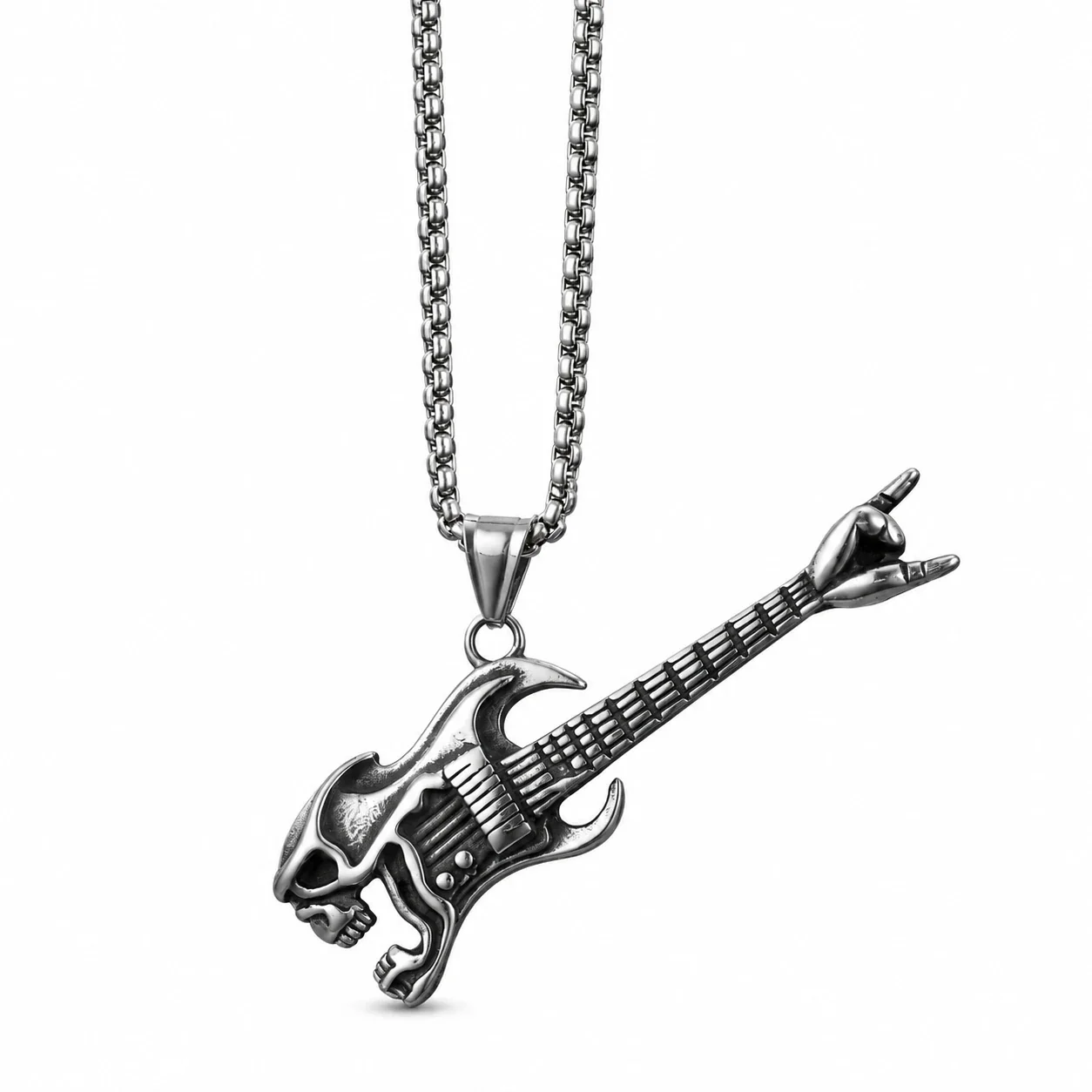 Pendant Necklace Skull Guitar Box Chain Stainless Steel