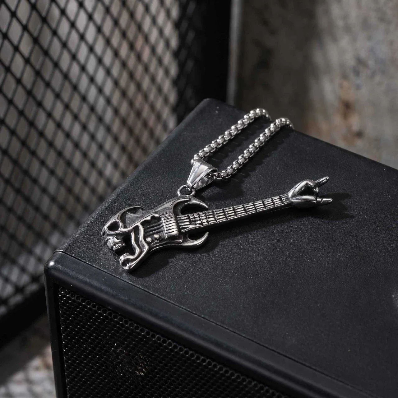 Pendant Necklace Skull Guitar Box Chain Stainless Steel