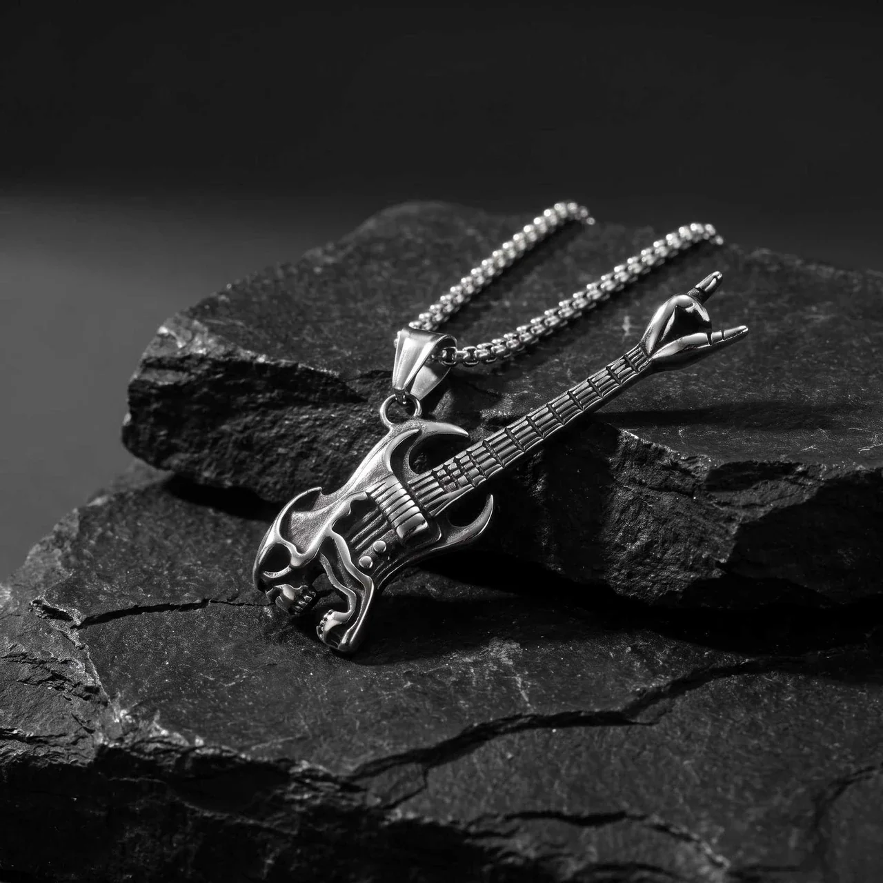 Pendant Necklace Skull Guitar Box Chain Stainless Steel