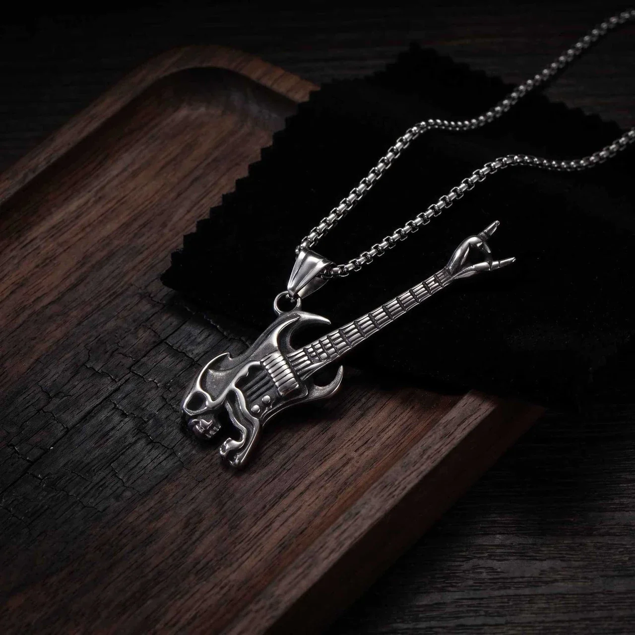 Pendant Necklace Skull Guitar Box Chain Stainless Steel