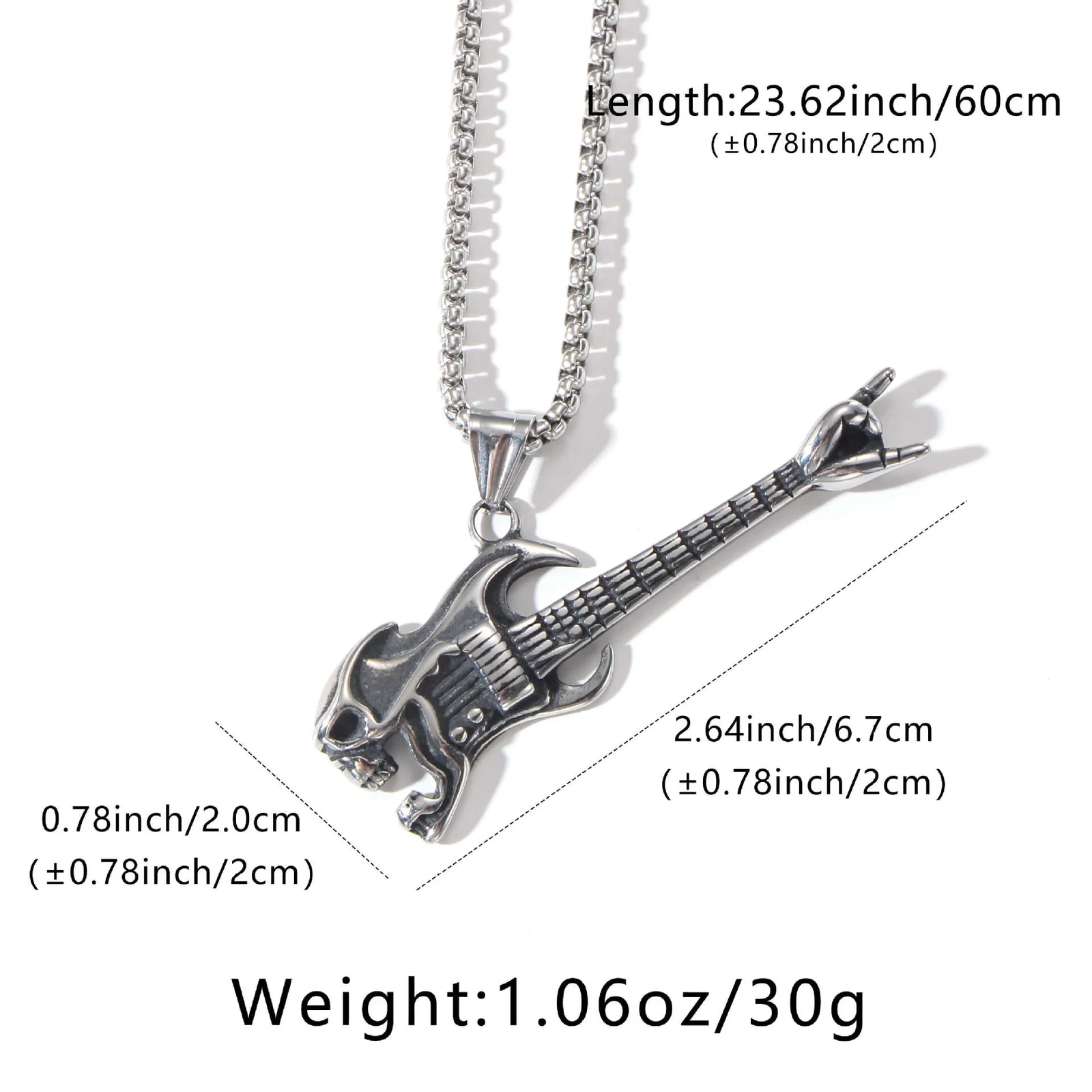 Pendant Necklace Skull Guitar Box Chain Stainless Steel - Dimensions