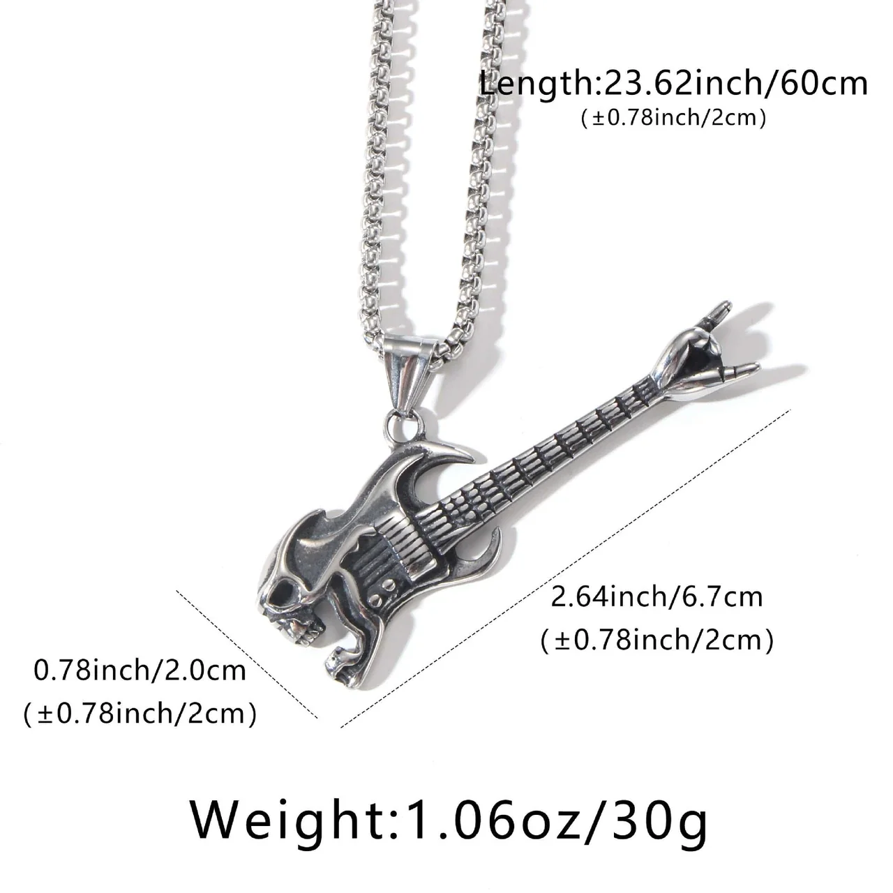 Pendant Necklace Skull Guitar Box Chain Stainless Steel - Silver