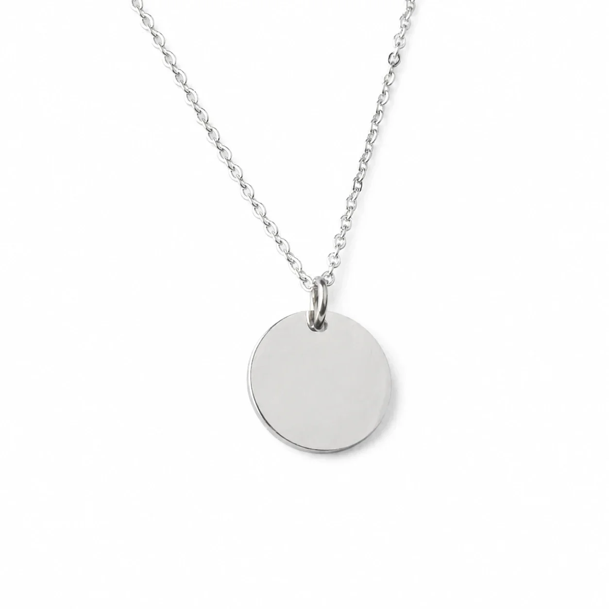 Polished Stainless Steel Round Disc Cable Chain Necklace - Silver 15 mm