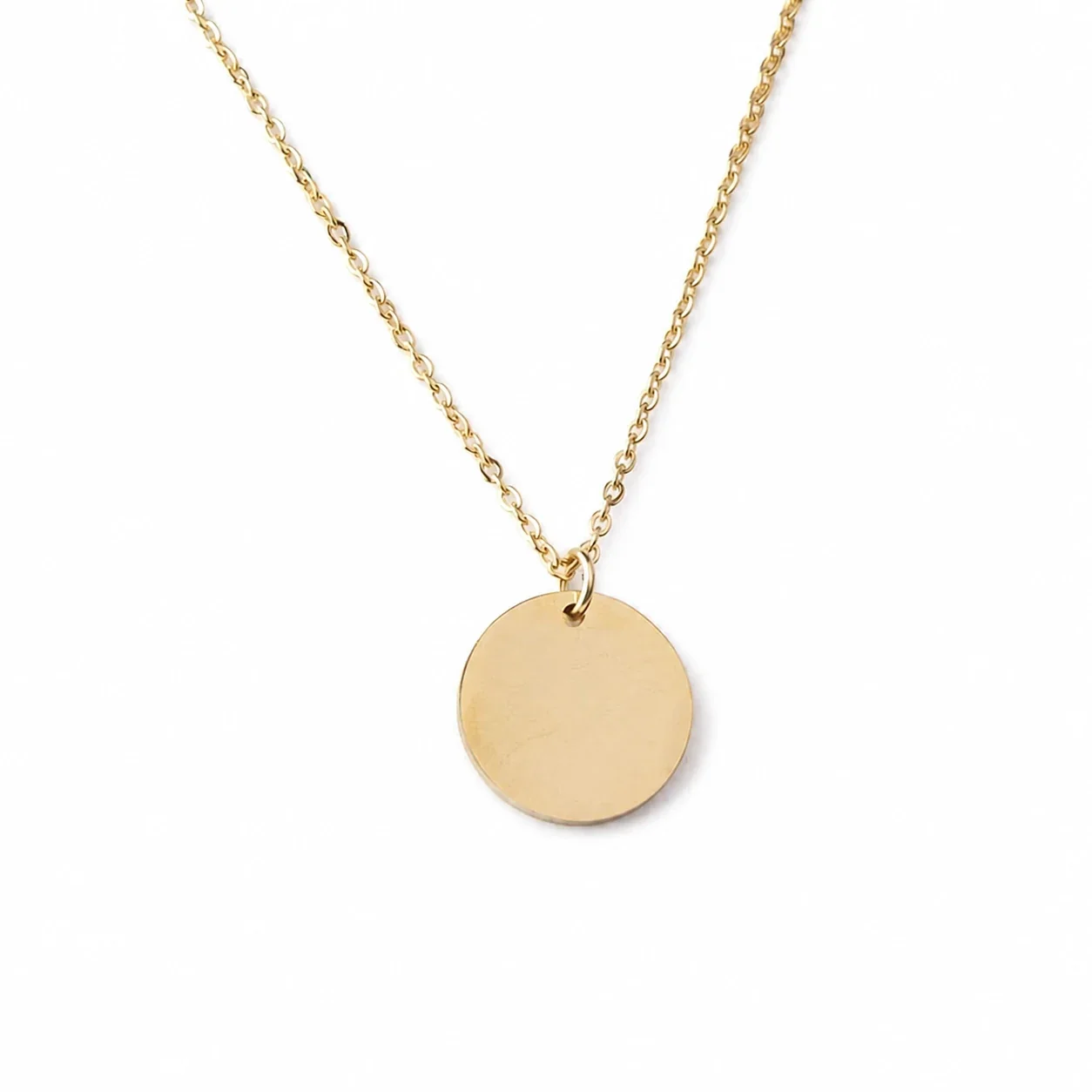Polished Stainless Steel Round Disc Cable Chain Necklace - Gold 15 mm