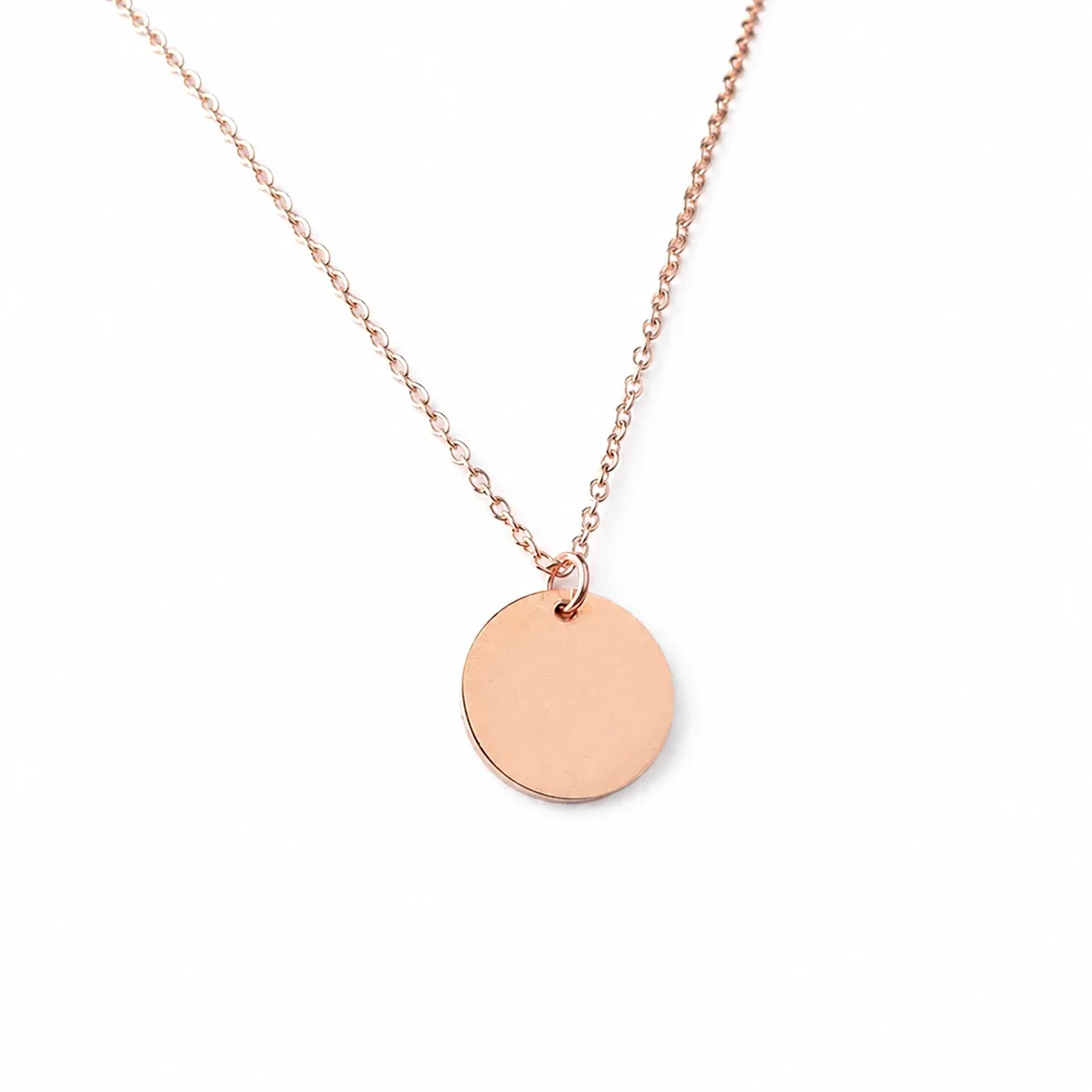 Polished Stainless Steel Round Disc Cable Chain Necklace - Rose Gold 15 mm