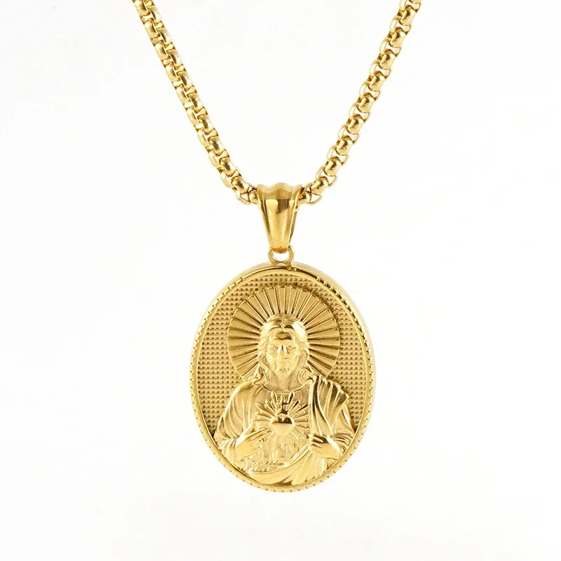 Sacred Gold-Plated Oval Relief Box Chain Pendant Necklace