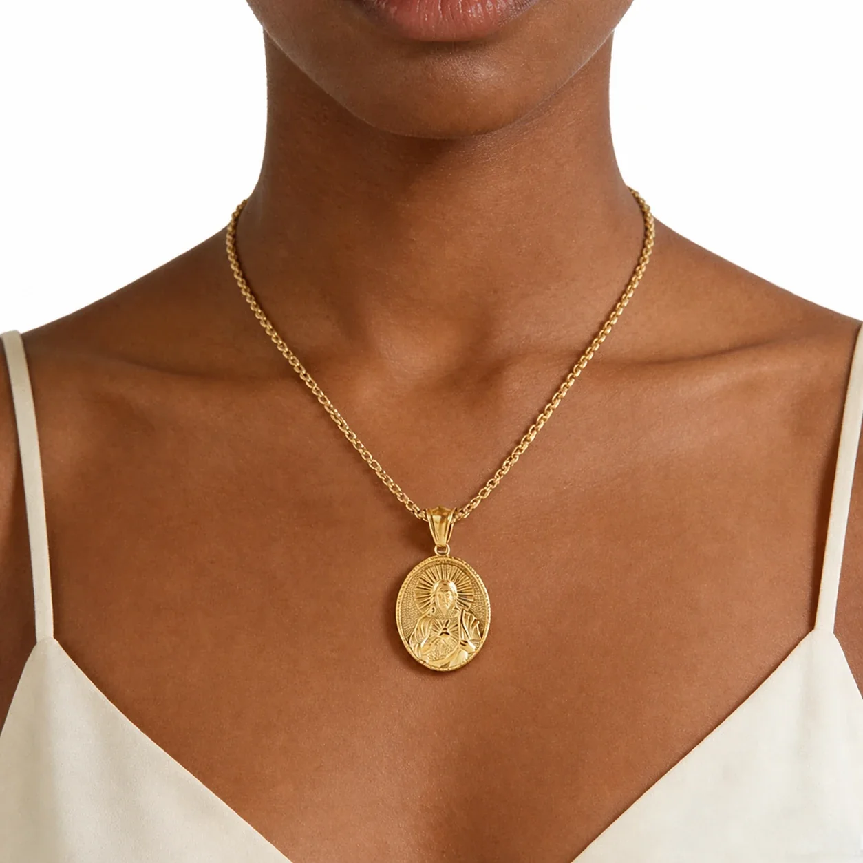 Sacred Gold-Plated Oval Relief Box Chain Pendant Necklace
