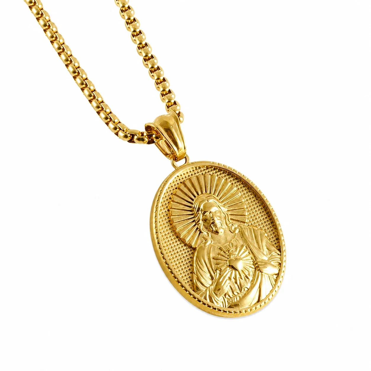 Sacred Gold-Plated Oval Relief Box Chain Pendant Necklace