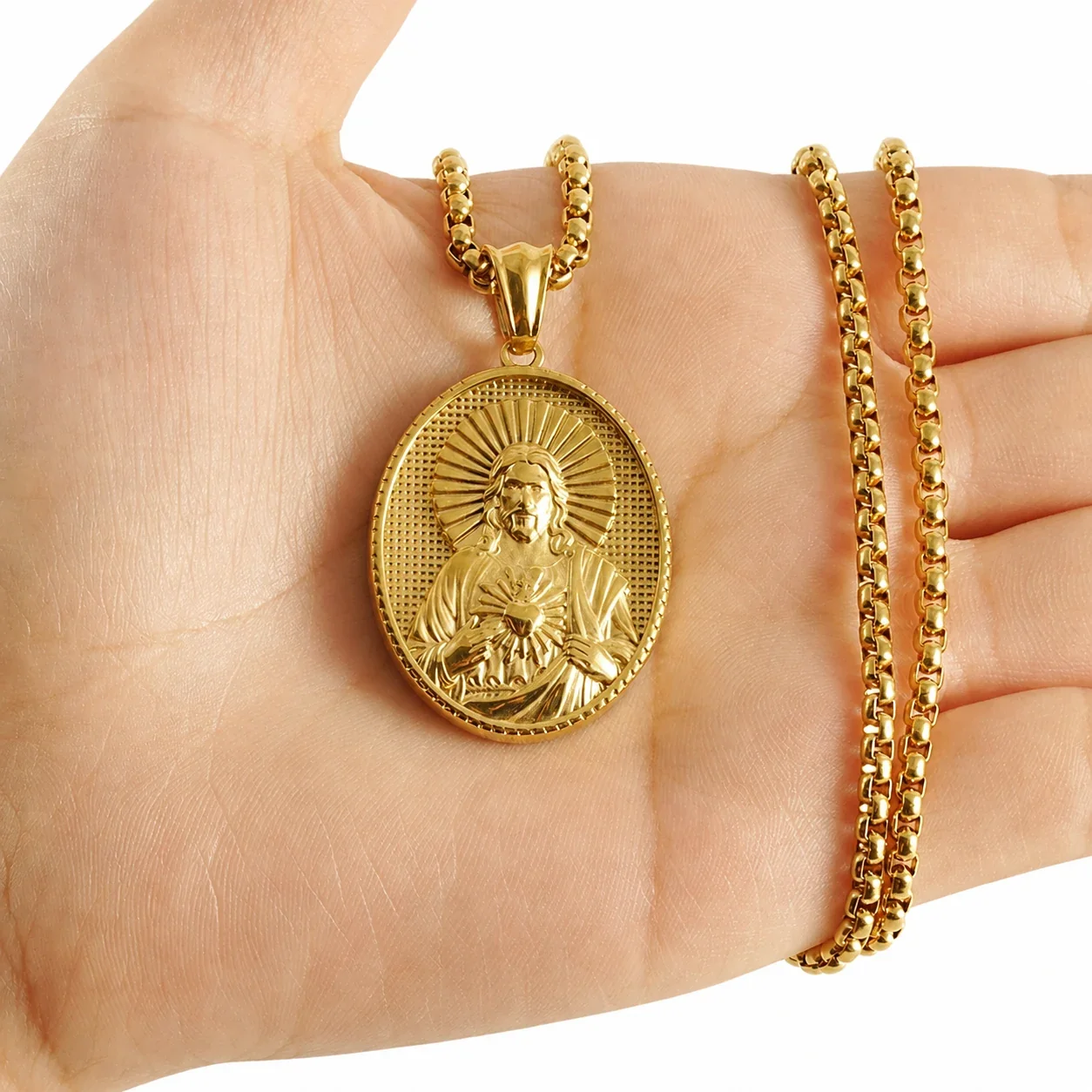 Sacred Gold-Plated Oval Relief Box Chain Pendant Necklace
