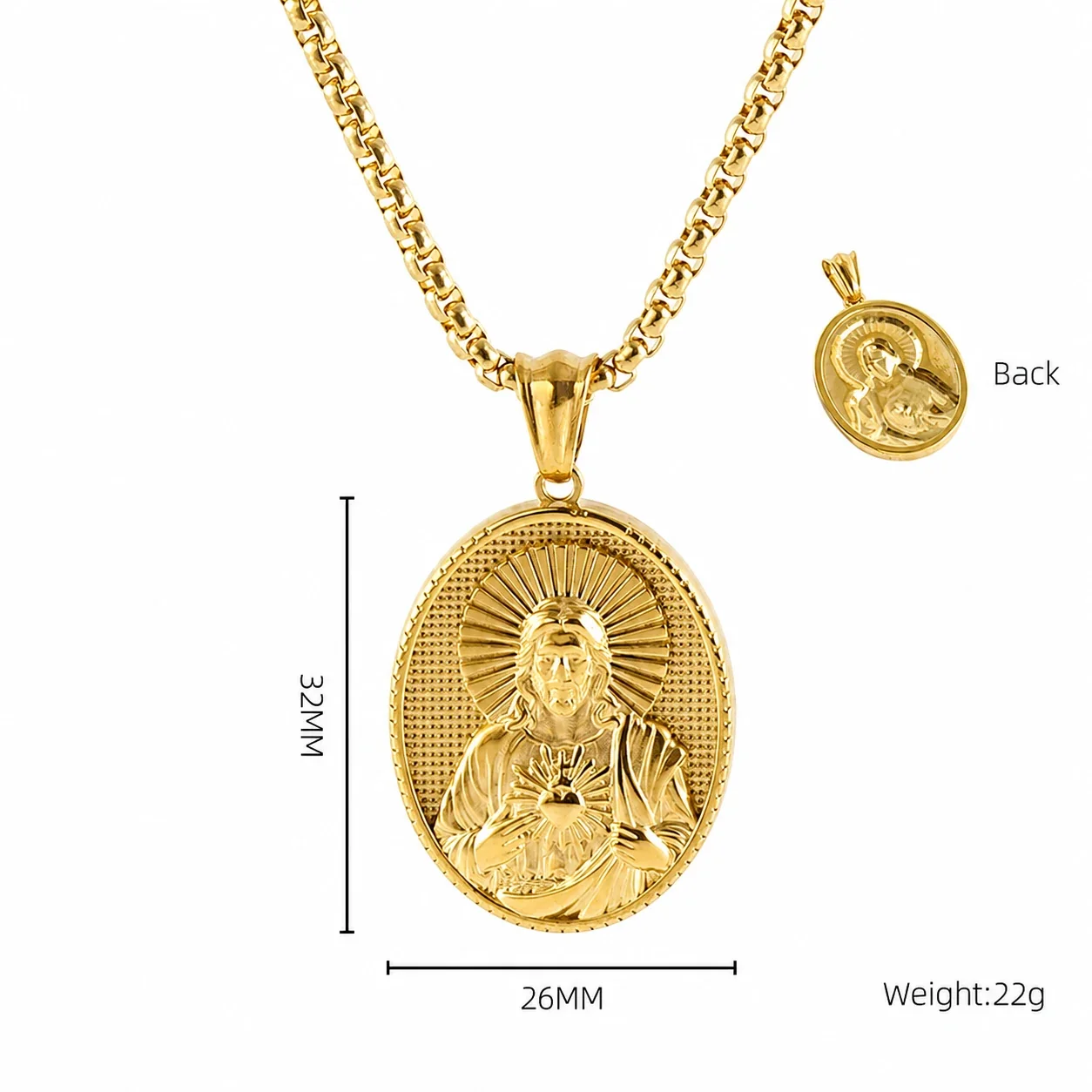 Sacred Gold-Plated Oval Relief Box Chain Pendant Necklace - Gold