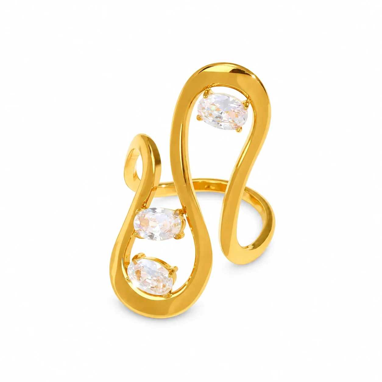 Statement Ring with Three Oval Crystals, Gold-Plated Stainless Steel