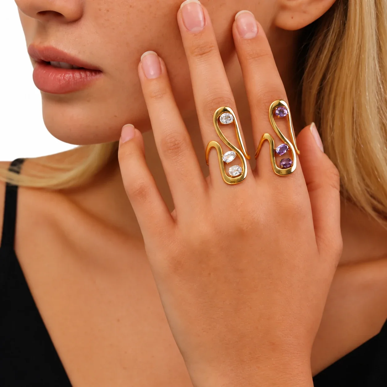 Statement Ring with Three Oval Crystals, Gold-Plated Stainless Steel