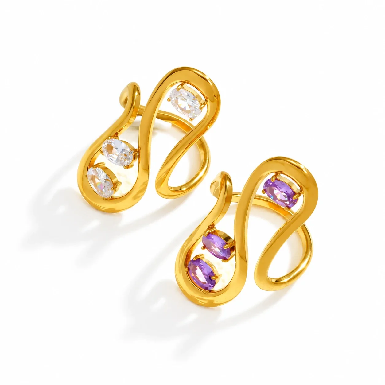 Statement Ring with Three Oval Crystals, Gold-Plated Stainless Steel