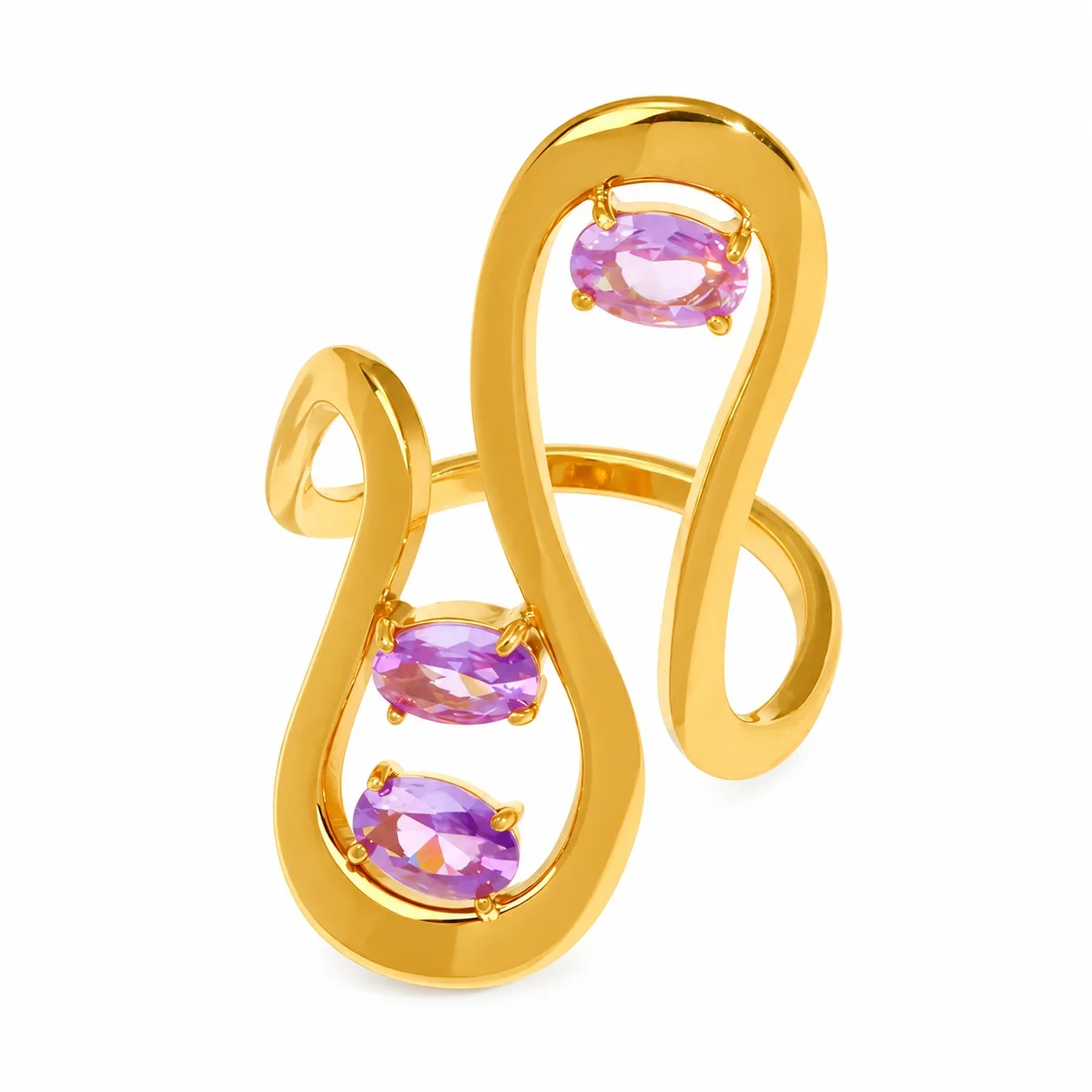 Statement Ring with Three Oval Crystals, Gold-Plated Stainless Steel