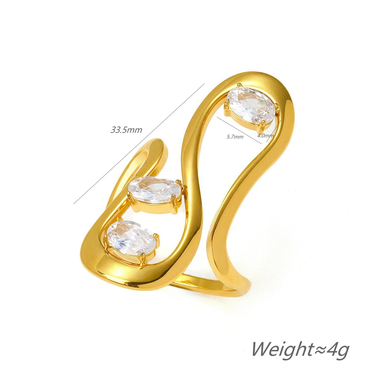 Statement Ring with Three Oval Crystals, Gold-Plated Stainless Steel