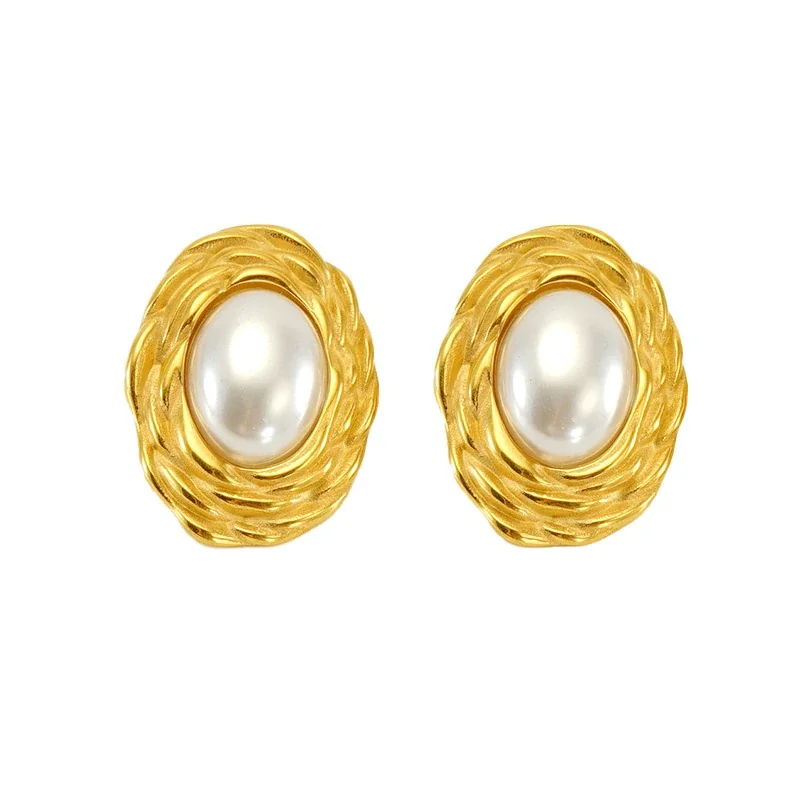 Ornate Gold-Plated Oval Shell Pearl Stud Earrings