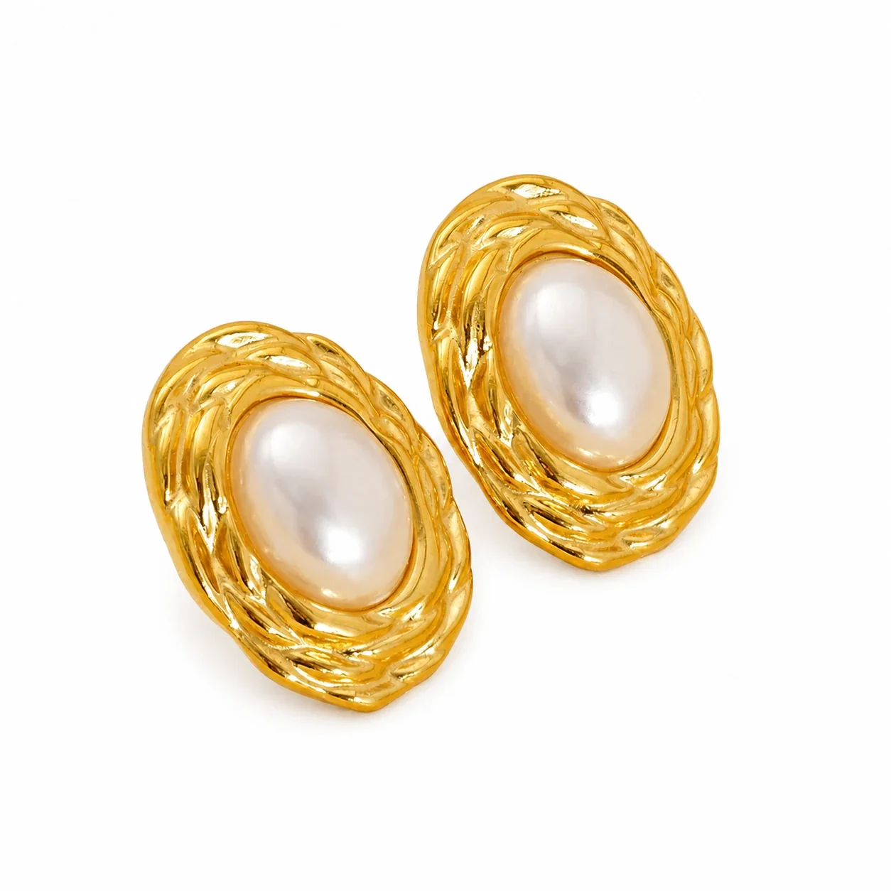 Ornate Gold-Plated Oval Shell Pearl Stud Earrings