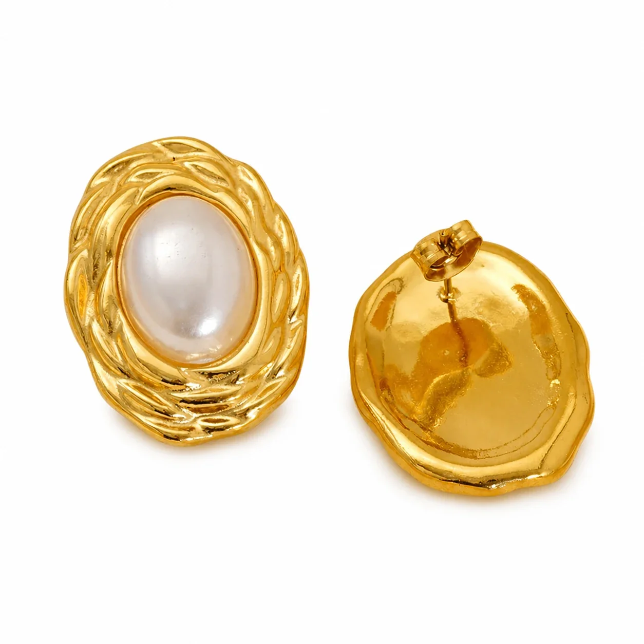 Ornate Gold-Plated Oval Shell Pearl Stud Earrings