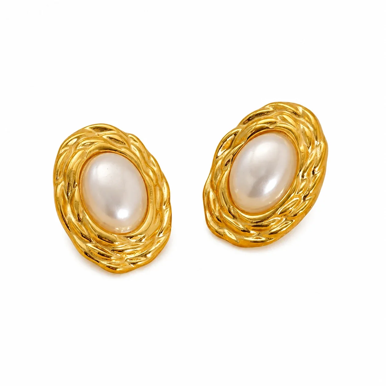 Ornate Gold-Plated Oval Shell Pearl Stud Earrings