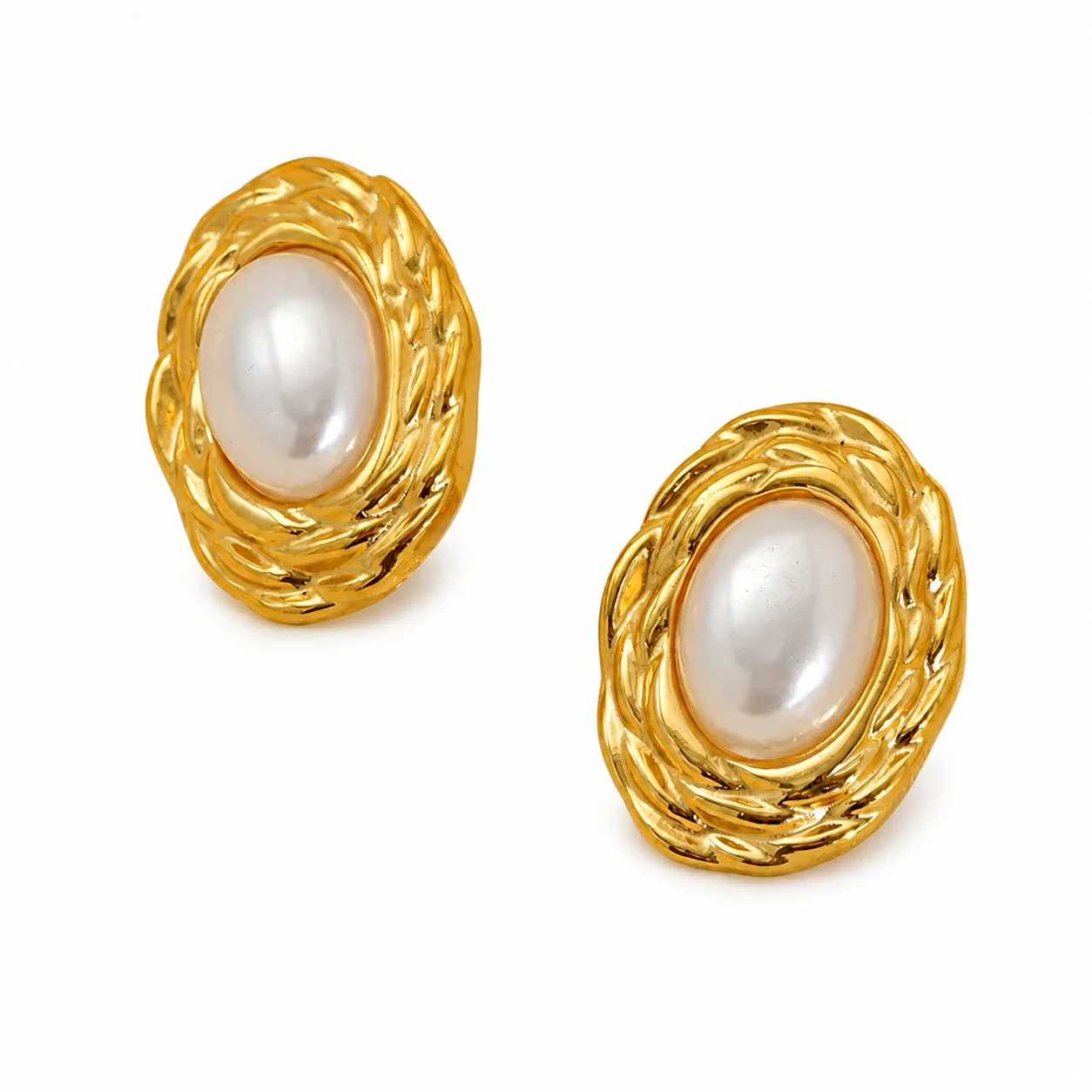 Ornate Gold-Plated Oval Shell Pearl Stud Earrings