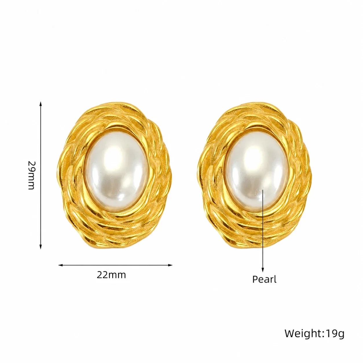 Ornate Gold-Plated Oval Shell Pearl Stud Earrings - Gold
