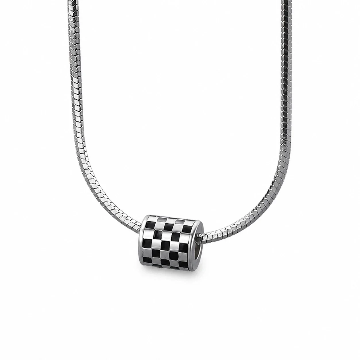 Graphic Stainless Steel Snake Chain Checker Barrel Pendant Necklace
