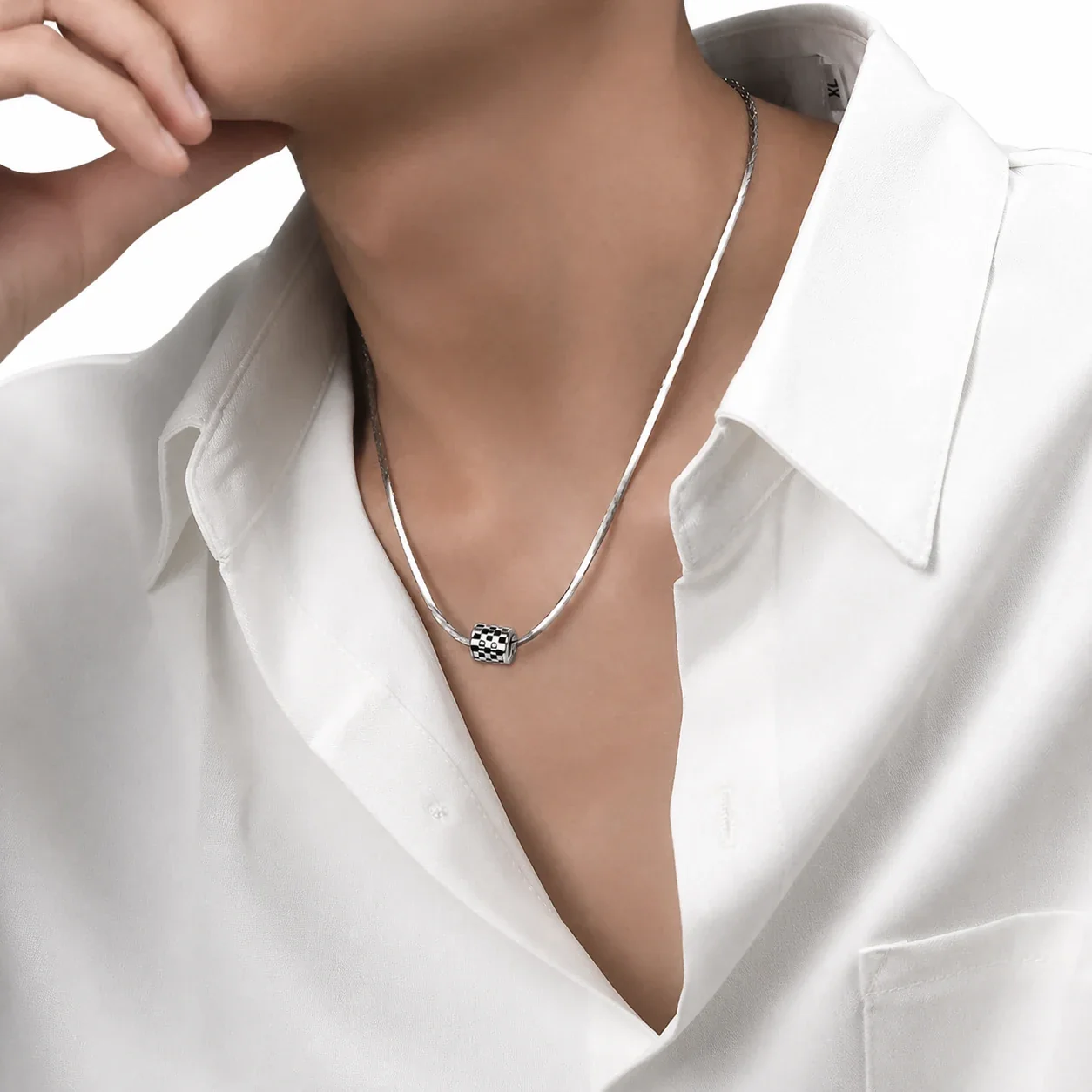 Graphic Stainless Steel Snake Chain Checker Barrel Pendant Necklace