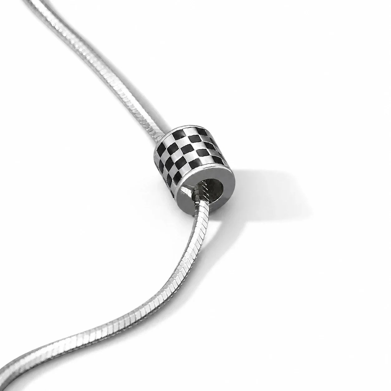 Graphic Stainless Steel Snake Chain Checker Barrel Pendant Necklace