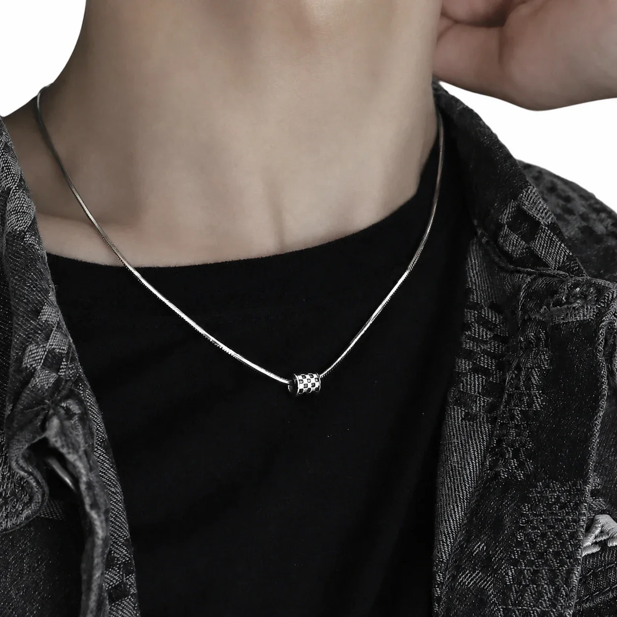 Graphic Stainless Steel Snake Chain Checker Barrel Pendant Necklace