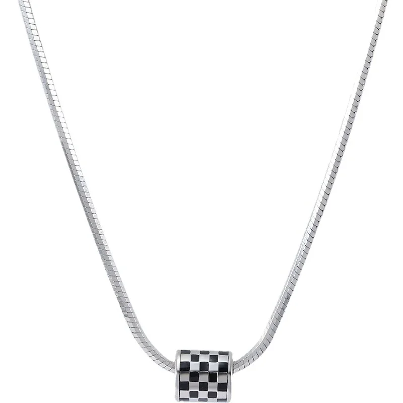 Graphic Stainless Steel Snake Chain Checker Barrel Pendant Necklace