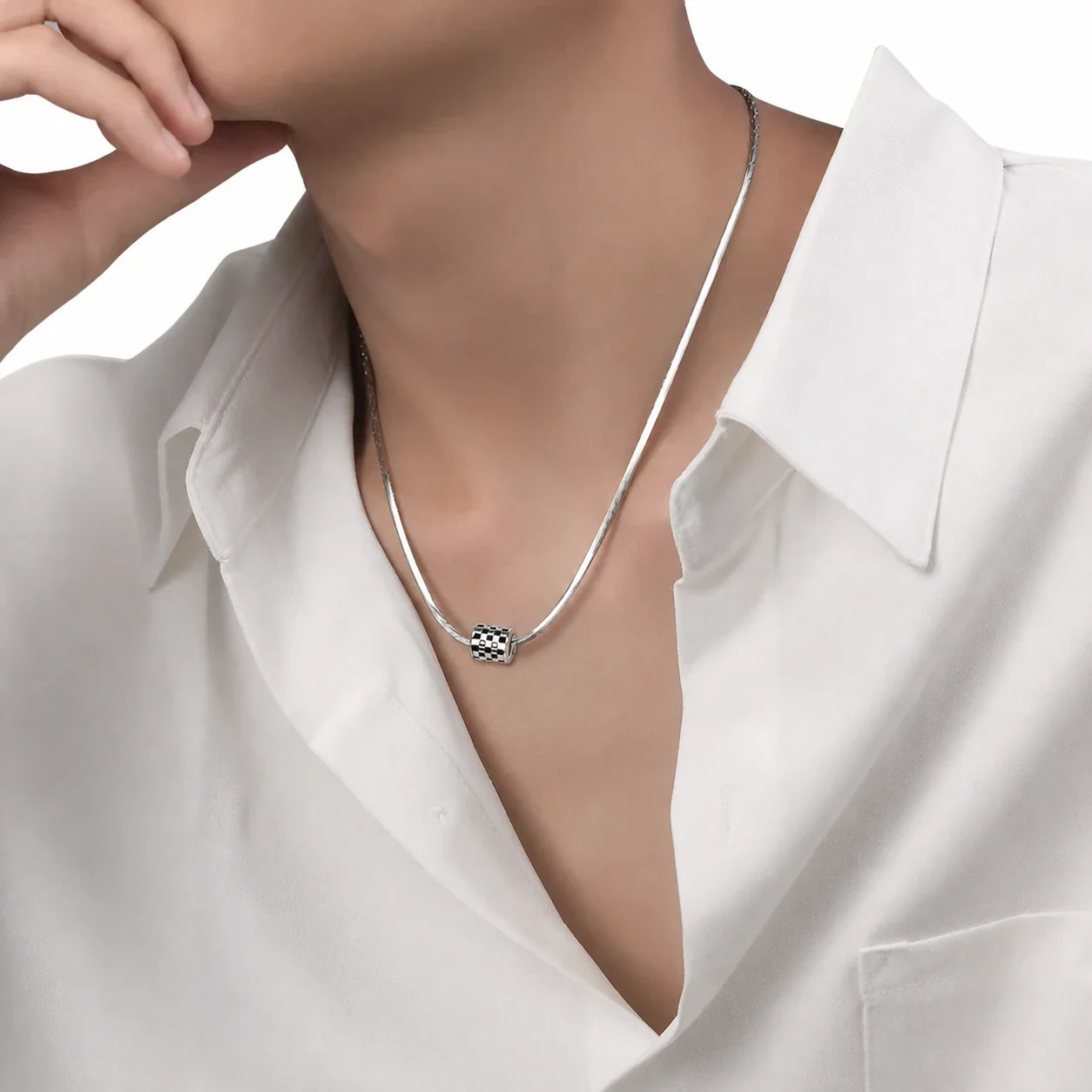 Graphic Stainless Steel Snake Chain Checker Barrel Pendant Necklace - Black / White