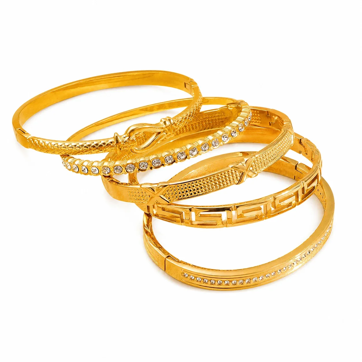 Ornate 18K Gold-Plated Textured CZ Hinged Bangle