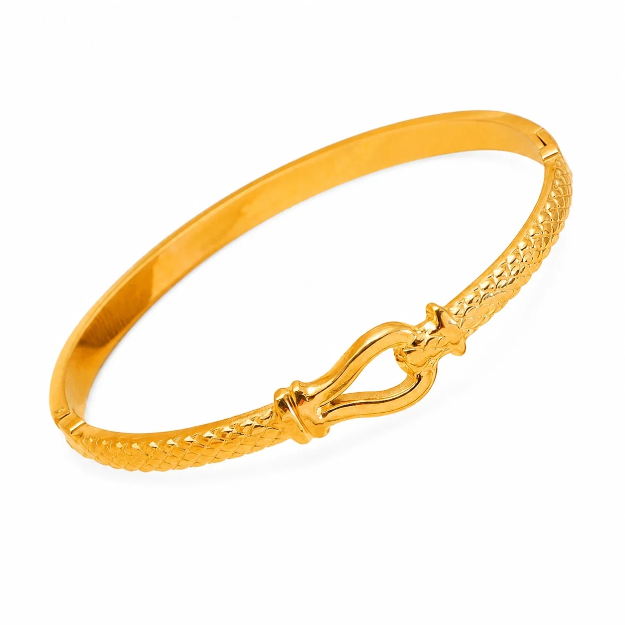 Ornate 18K Gold-Plated Textured CZ Hinged Bangle