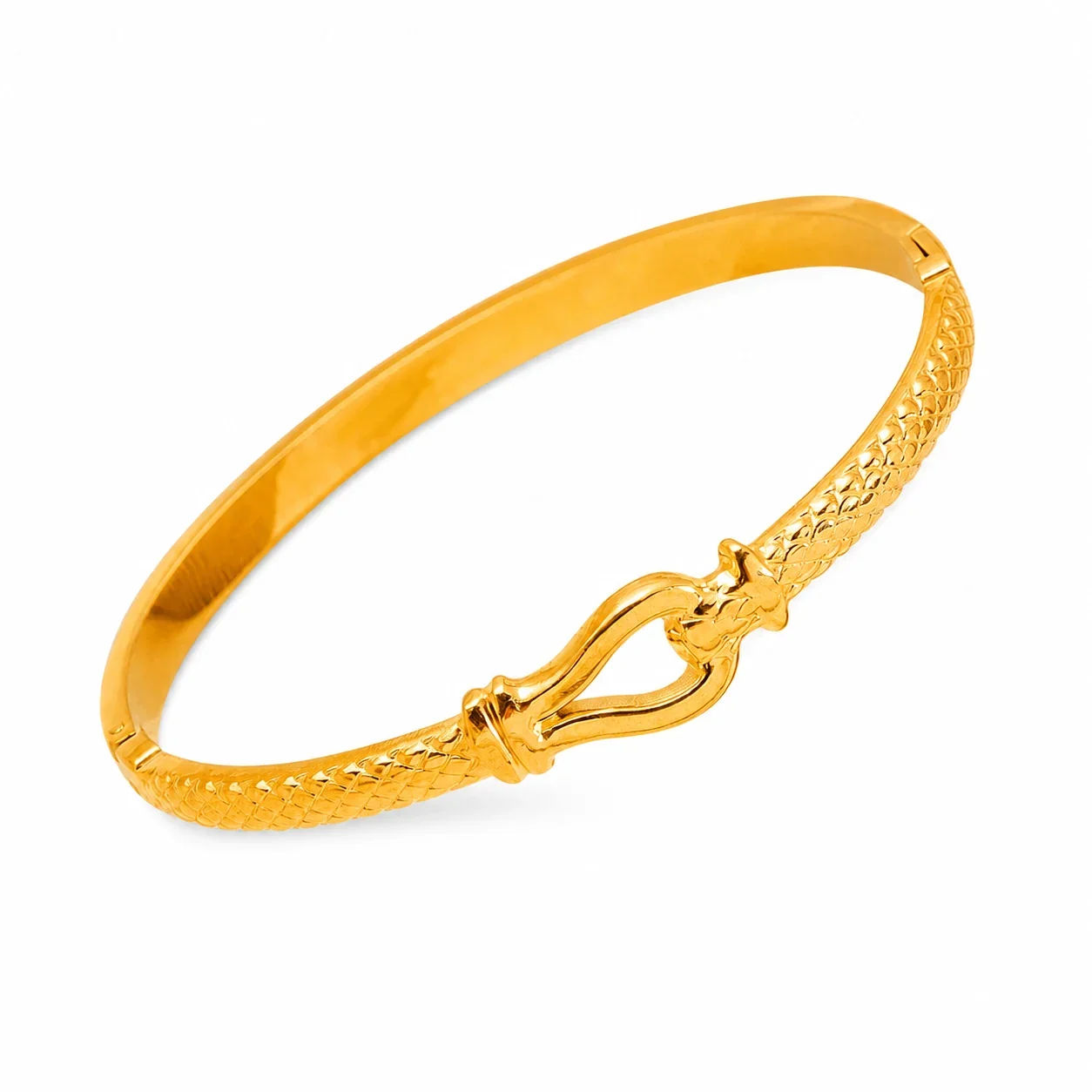 Ornate 18K Gold-Plated Textured CZ Hinged Bangle - Gold Horseshoe Clasp Texture