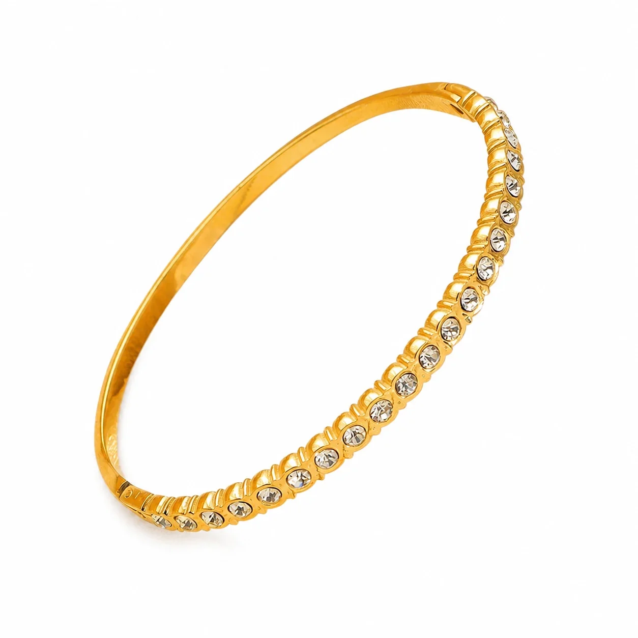 Ornate 18K Gold-Plated Textured CZ Hinged Bangle - Gold Half Row Round CZ