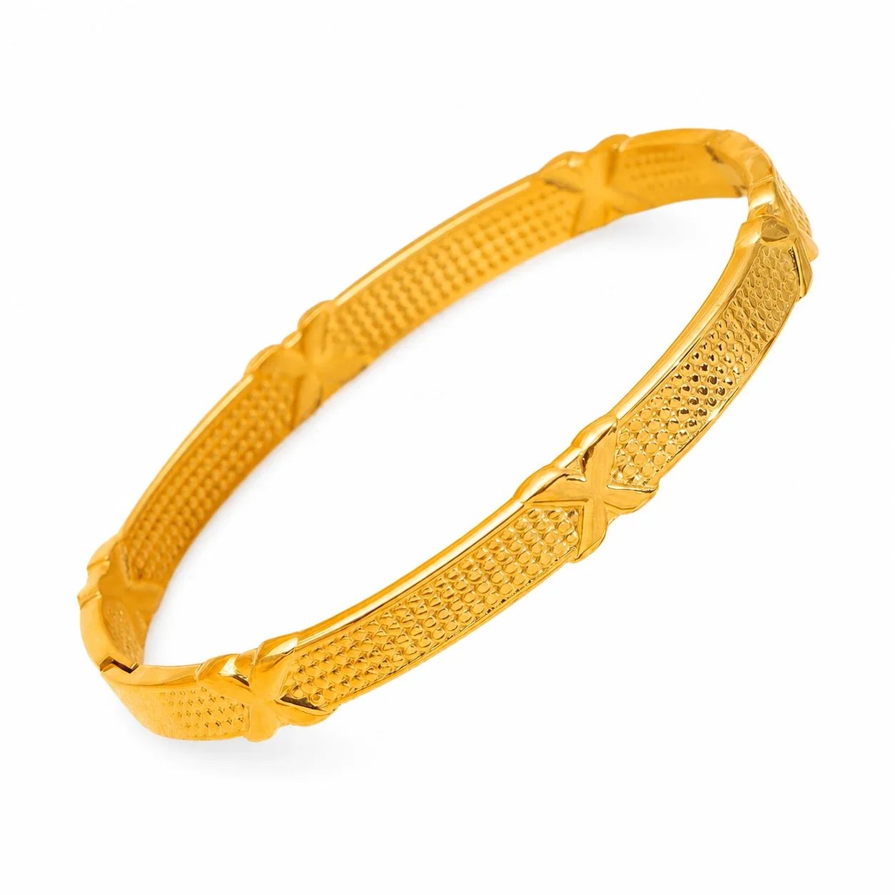 Ornate 18K Gold-Plated Textured CZ Hinged Bangle - Gold Checked Grid