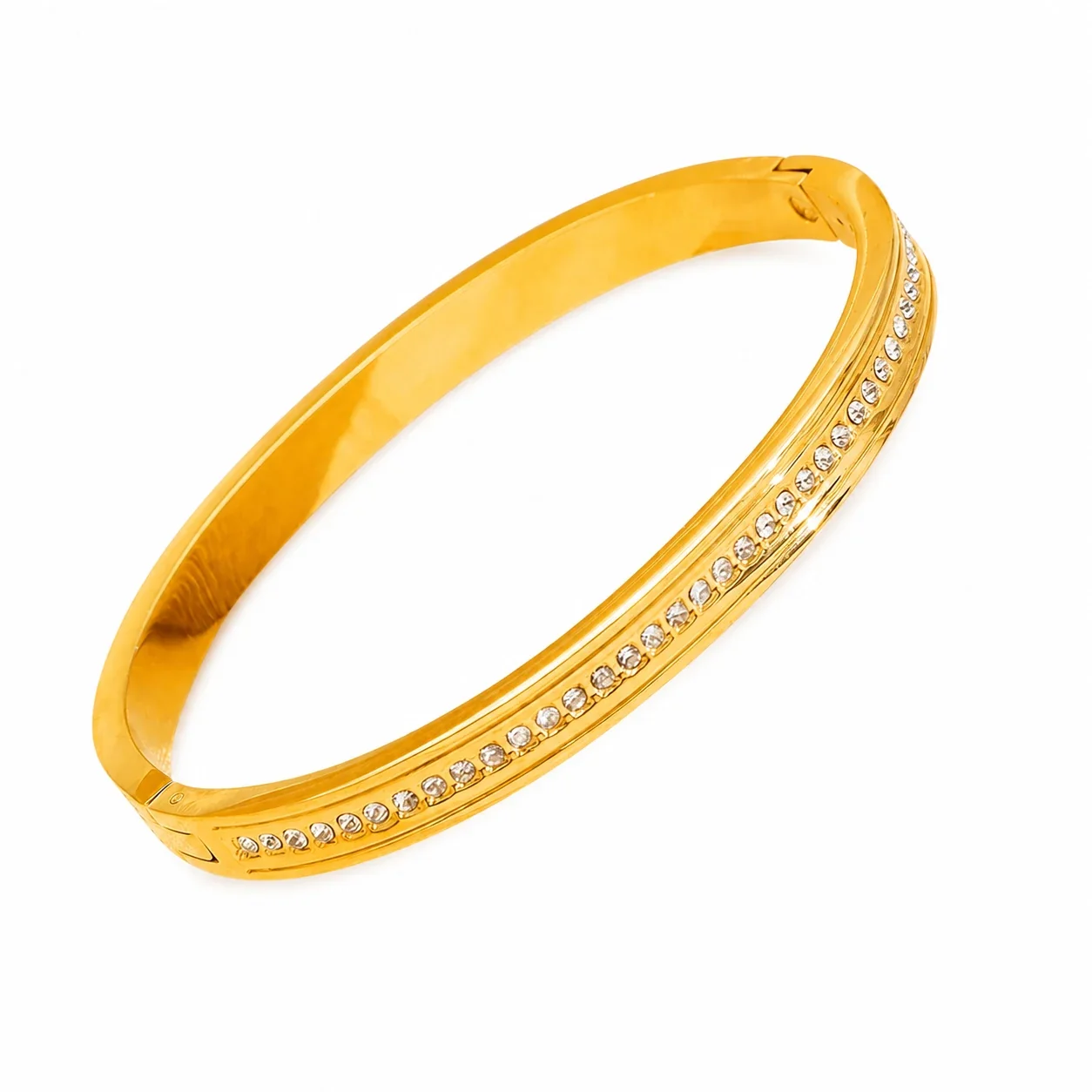Ornate 18K Gold-Plated Textured CZ Hinged Bangle - Gold Striped Half CZ