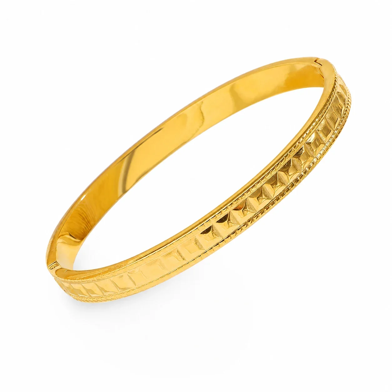 Ornate 18K Gold-Plated Textured CZ Hinged Bangle - Gold Smooth 3D Blocks