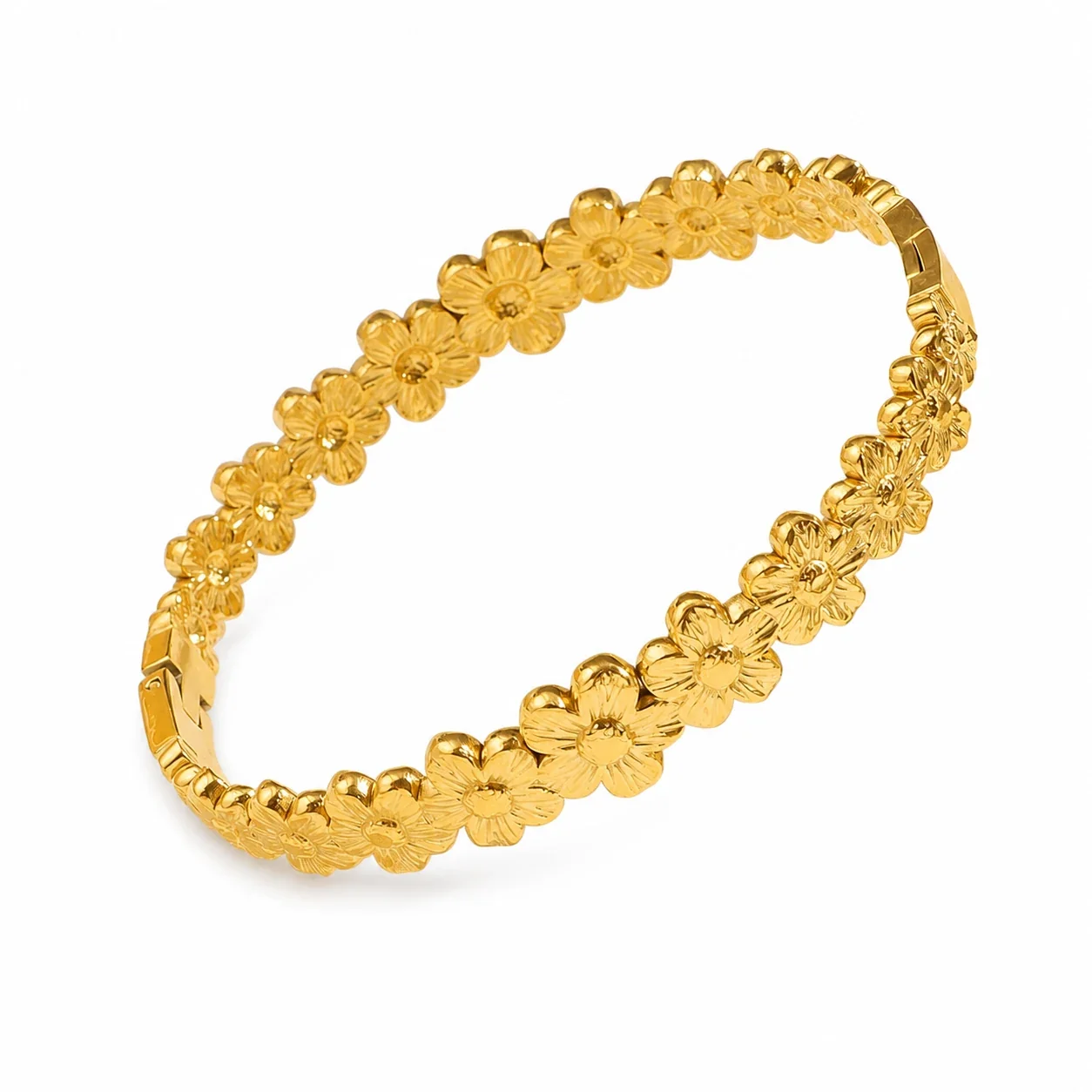 Ornate 18K Gold-Plated Textured CZ Hinged Bangle - Gold Small Flowers