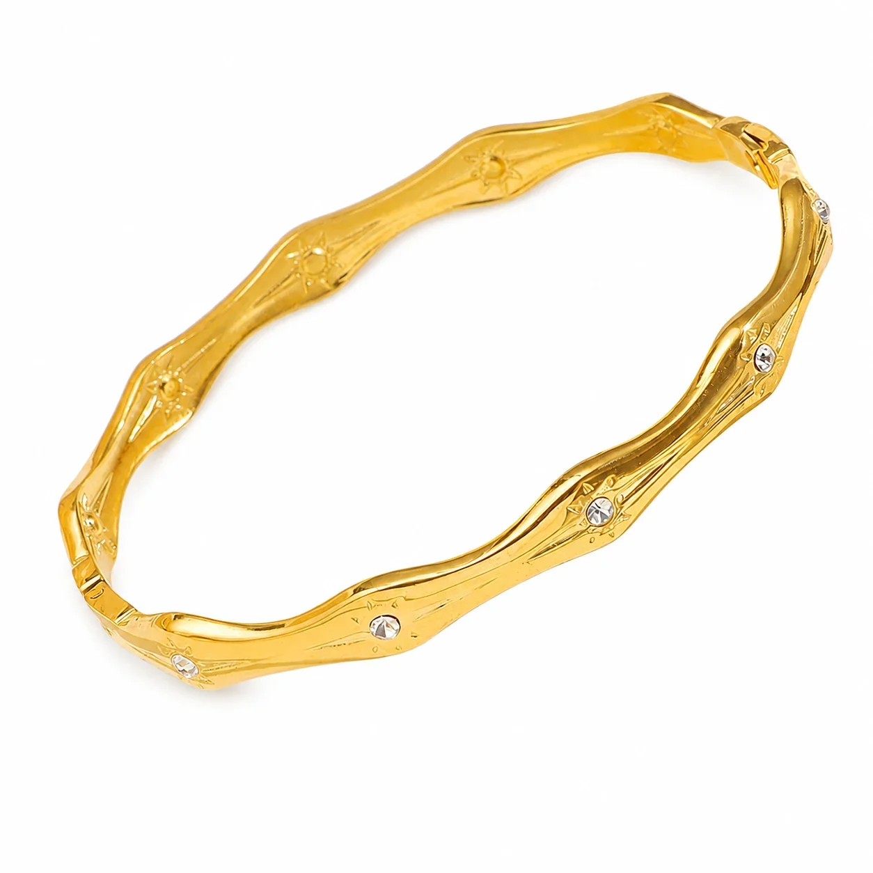 Ornate 18K Gold-Plated Textured CZ Hinged Bangle - Gold -Point Star White CZ Diamond Motif
